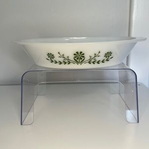 Glasbake vintage milk glass white and green floral print serving dish